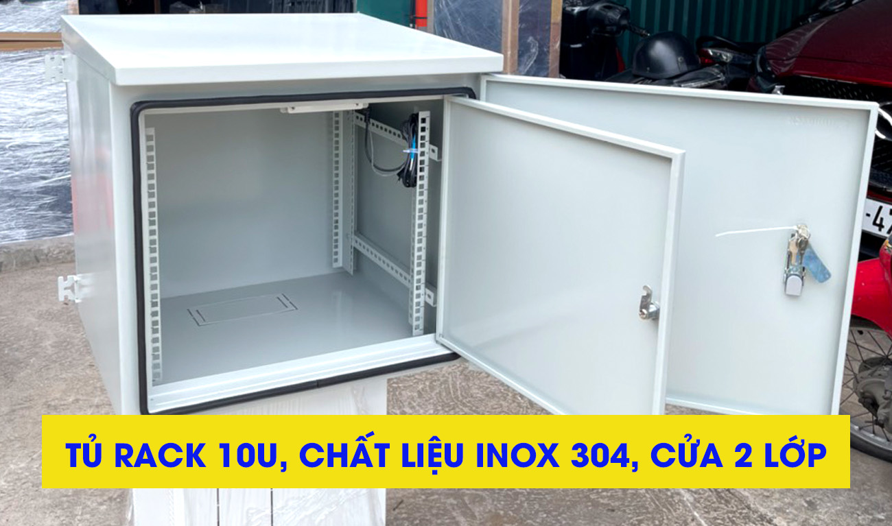 Tủ rack 10U cửa 2 lớp, trang bị cảm ứng nhiệt điểu khiển quạt, Tủ rack 10U, cửa 2 lớp, chất liệu INOX 304, quạt cảm biến nhiệt
